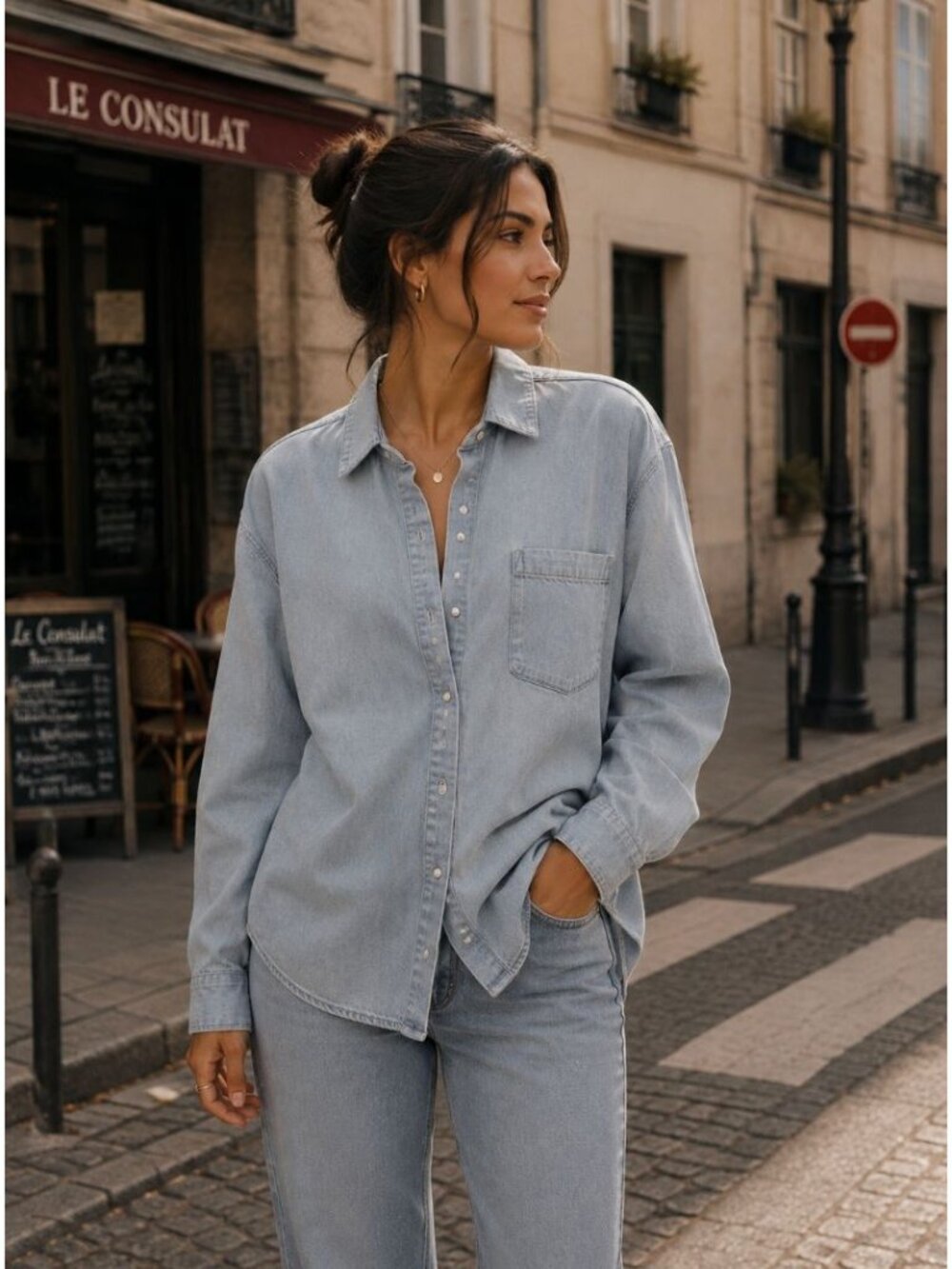Sezane Max Long Sleeve Size 34 Light Blue Wash Very Pale Denim